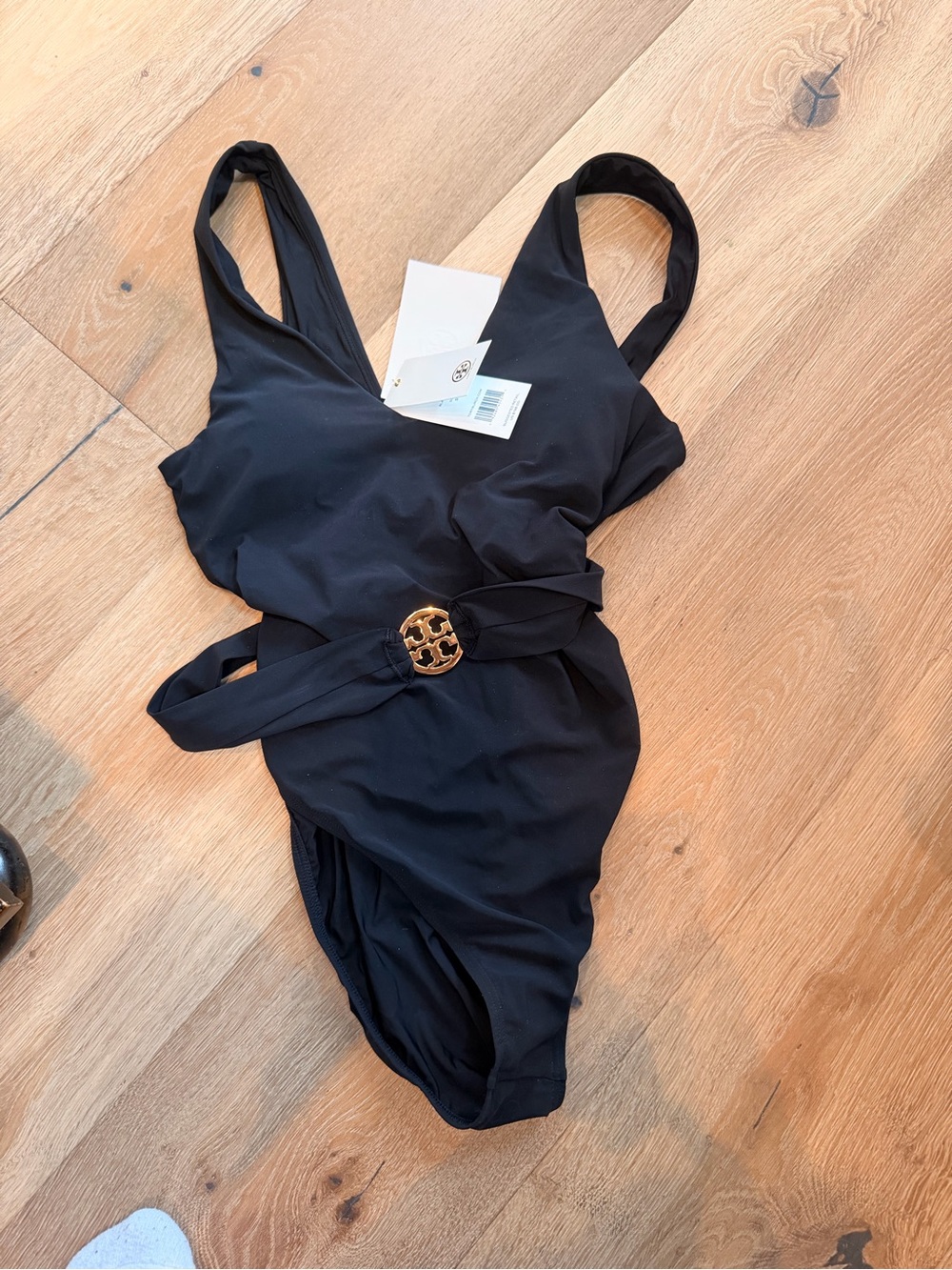 Tory Burch Black One-Piece Swimsuit with Gold-Tone Logo Belt small
